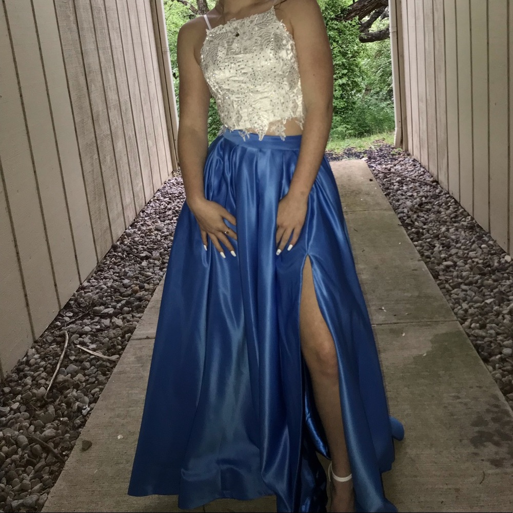 White and blue prom dress, two piece